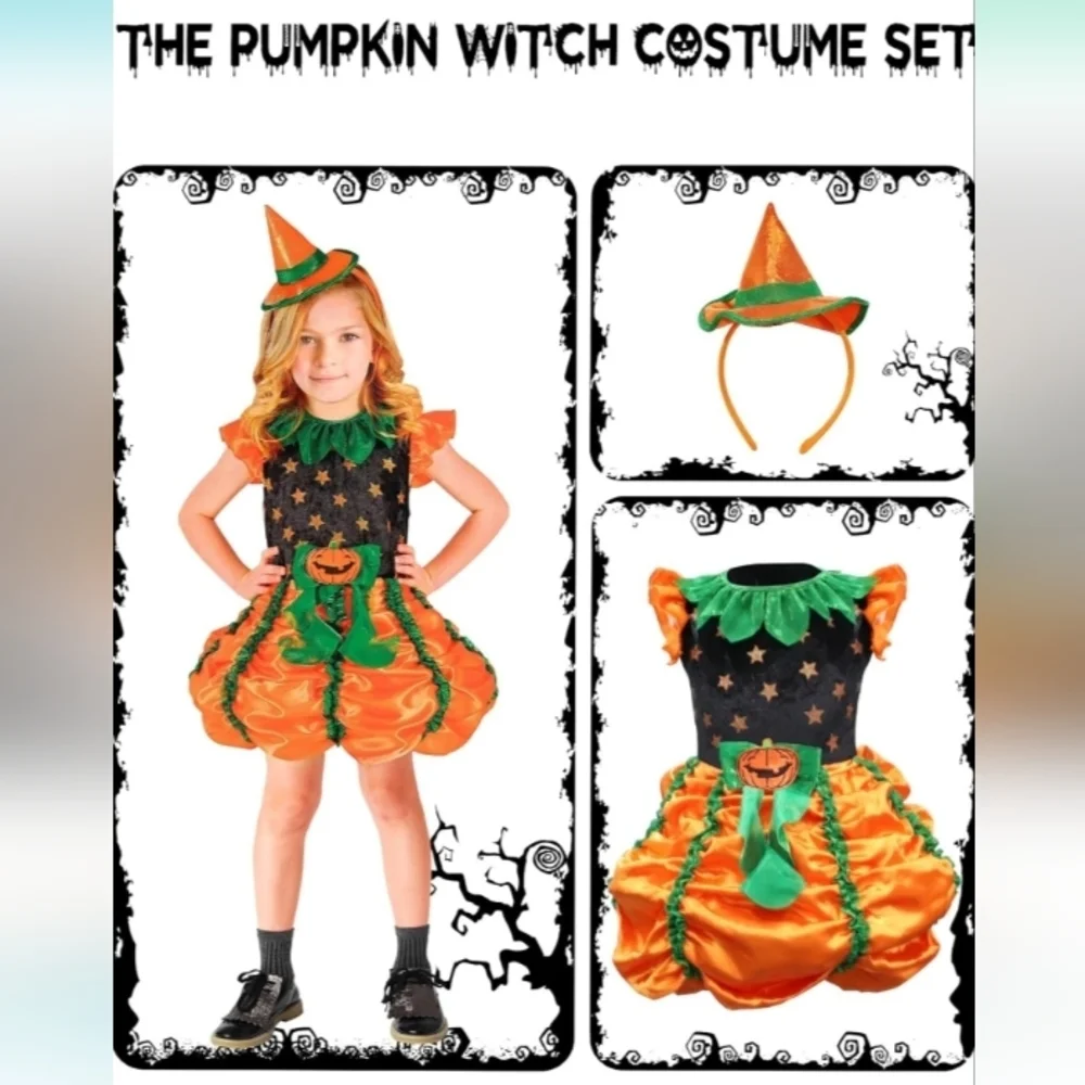 Halloween Pumpkin Witch Costume Orange Green and Black Dress with Mini H…